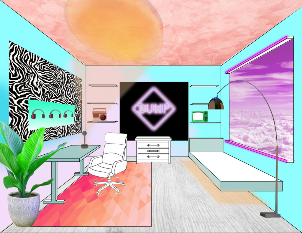 trippy vaporwave simple dorm. futuristic vaporwave decor for dorm, futuristic vaporwave style. Unconventional stoner decor